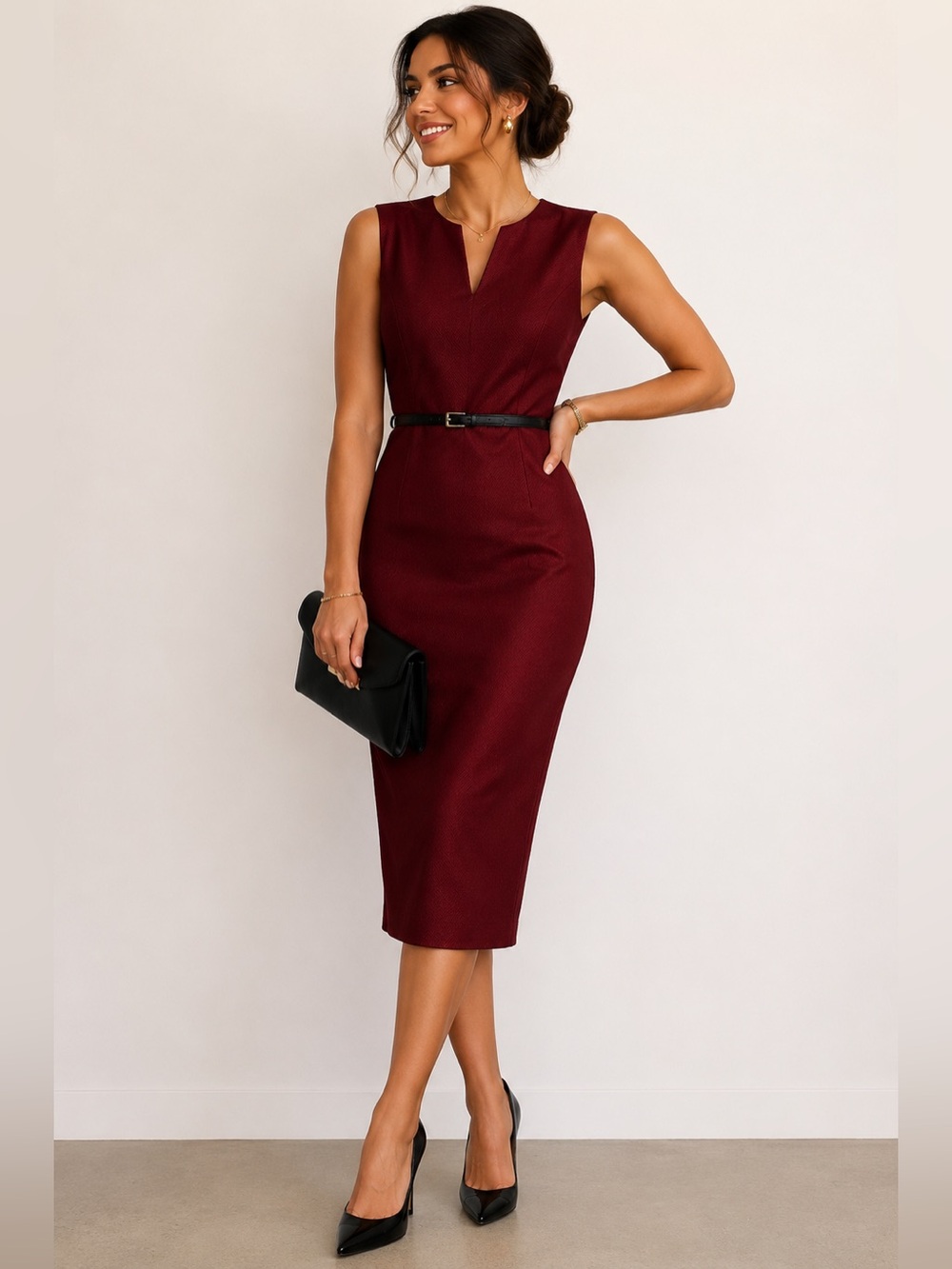 New York & Company Sleeveless Wine Sheath Midi Dress